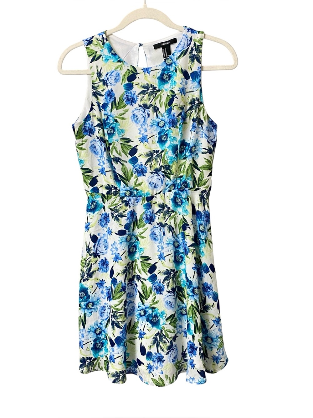 Forever 21 blue green floral summer mini sleeveless girly dress open back size M